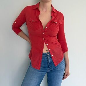 Max Studio Red Fitted 100% Cotton Button Down Top Size XS